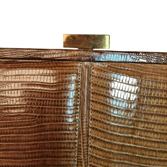 Vintage Palizzio Tegu Lizard Brown Rectangle Frame Closure 1960s Handbag - Picture 12 of 16